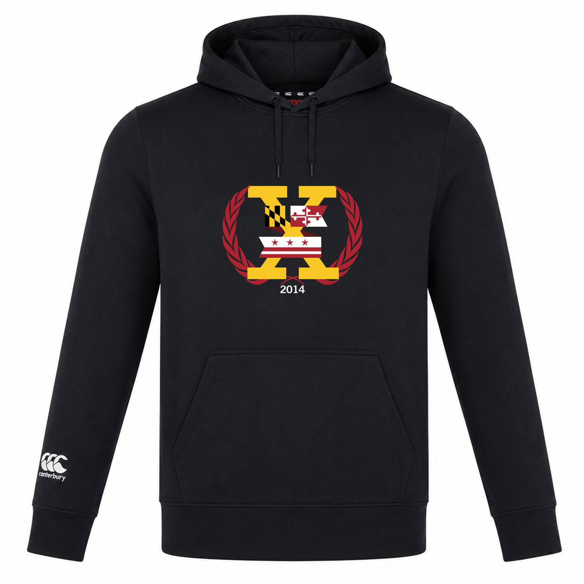 Introducing the Potomac Exiles Rugby Club Club Lightweight Hoodie by Canterbury. Crafted from black polyester, this stylish hoodie features a bold "X" on the chest with Maryland and DC flag elements, laurel leaves, and "2014," while the left sleeve is accented with the Canterbury Club logo. Made by WRS Canterbury, this lightweight hoodie perfectly blends comfort and team spirit for every fan.