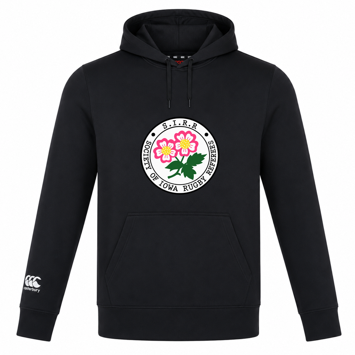 The WRS Canterbury Society of Iowa Rugby Referees Club Lightweight Hoodie is a black custom-made hoodie featuring a “Society of Iowa Rugby Referees” logo with pink flowers on the chest and a white Canterbury Club logo on the left sleeve.