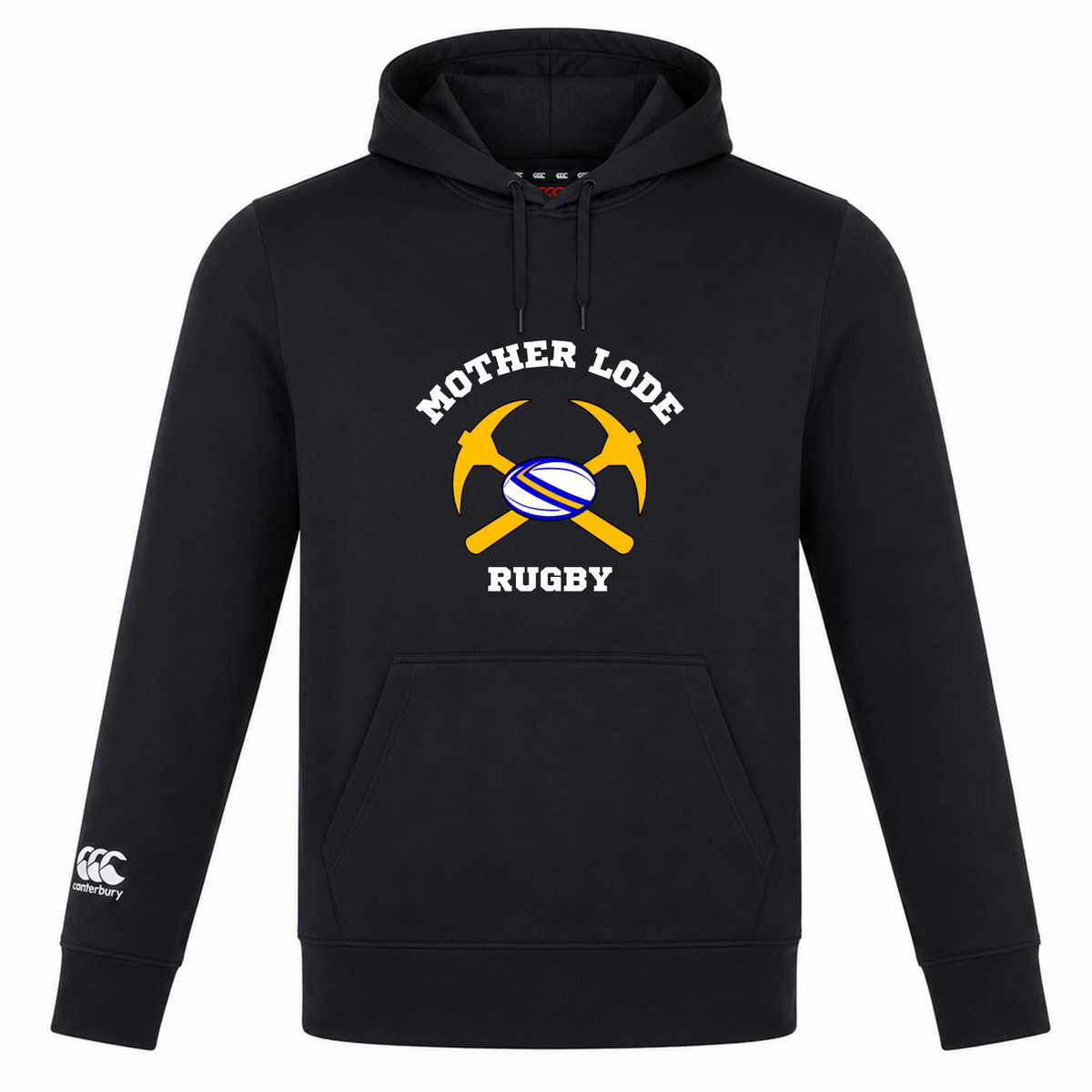 Black Mother Lode Club Lightweight Hoodie by Canterbury featuring a “Mother Lode Rugby” graphic with two crossed pickaxes and a rugby ball on the chest, and a logo on the right cuff.