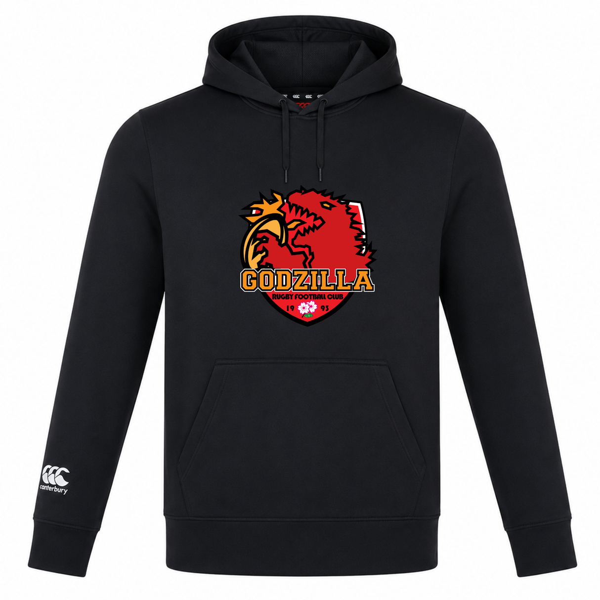 The Godzilla Rugby Football Club Club Lightweight Hoodie by Canterbury from WRS Canterbury is a black lightweight hoodie crafted from soft polyester. It features a “Godzilla Rugby Football Club” crest with a red and yellow Godzilla graphic on the chest and a white Canterbury Club logo on the left sleeve, perfectly blending comfort with bold style.