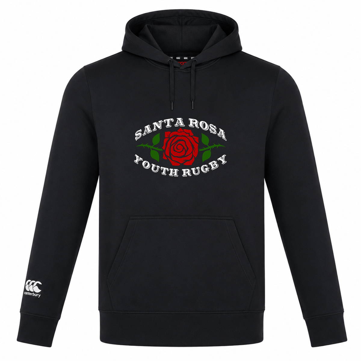 The Santa Rosa Youth Rugby Club Lightweight Hoodie by Canterbury, from WRS Canterbury, is a custom-made black hoodie featuring “Santa Rosa Youth Rugby” text and a bold red rose graphic on the chest, along with the Canterbury logo on the left sleeve. Ideal for combining style and comfort in a lightweight design.