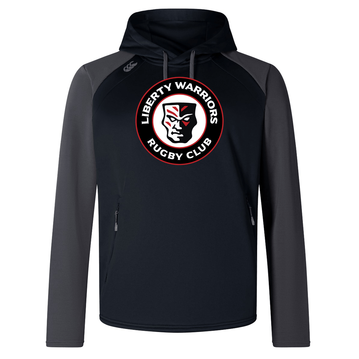 Introducing the Liberty Lake Warriors Elite Training Hoody by Canterbury, produced by WRS Canterbury. This hoody, with its bold red, white, and black stylized face and logo featuring "Liberty Warriors Rugby Club" on the chest, is crafted from premium fabrics for unparalleled performance and comfort.