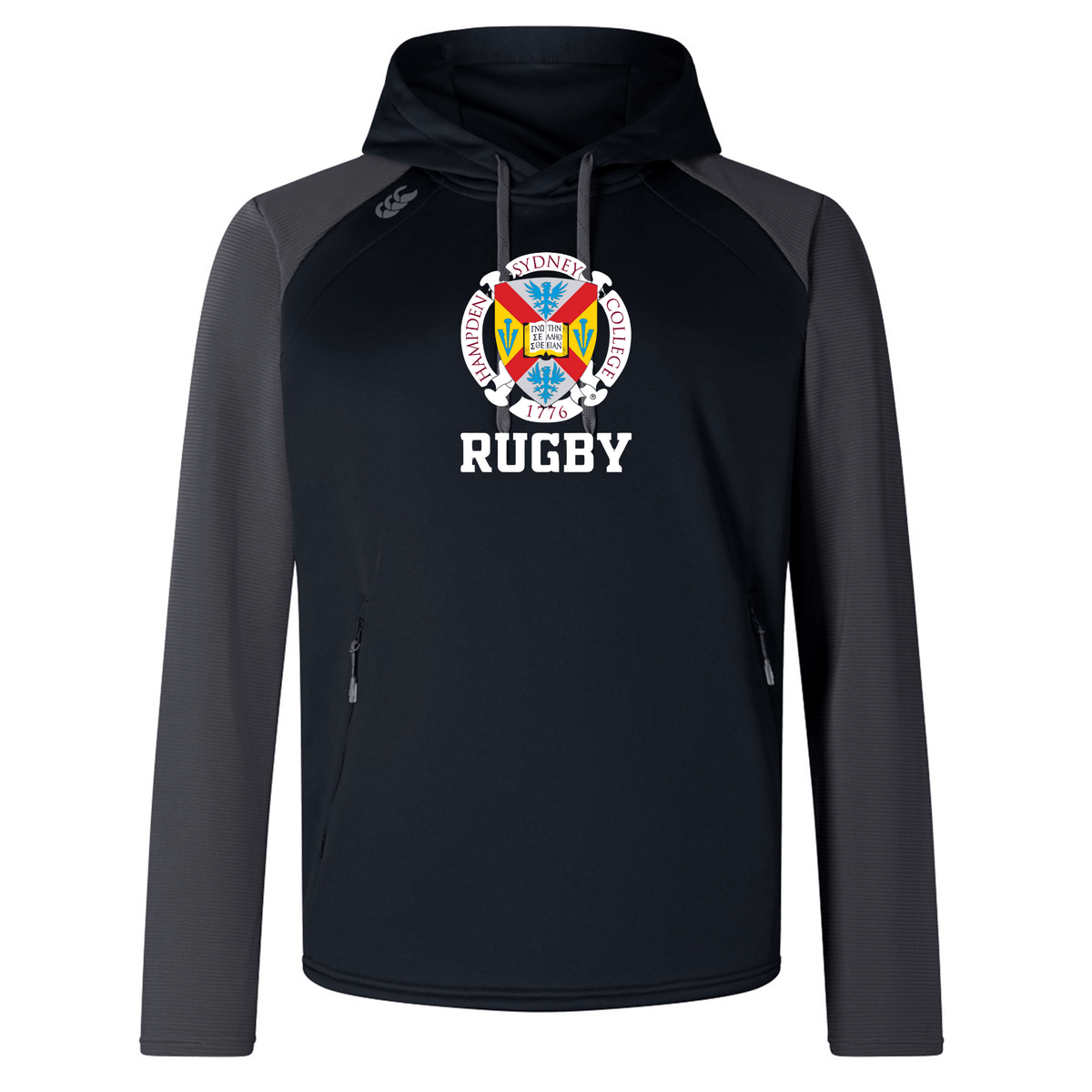 The Hampden Sydney College Elite Training Hoody by WRS Canterbury is a black and gray performance hoody featuring a rugby emblem with a crest and the text "Hampden-Sydney College 1776 Rugby" on the front, designed for optimal comfort.