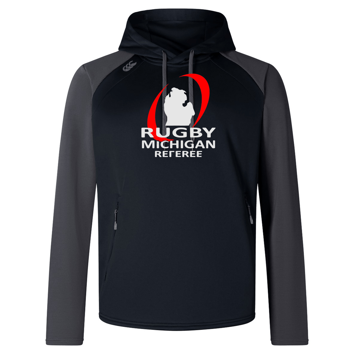 Discover the Rugby Michigan Referee Society Elite Training Hoody by WRS Canterbury, meticulously crafted from premium fabrics. This black and grey hoody prominently showcases "Rugby Michigan Referee" alongside a mitten-shaped rugby ball logo on the front, seamlessly blending style with practicality and a commitment to environmental consciousness.