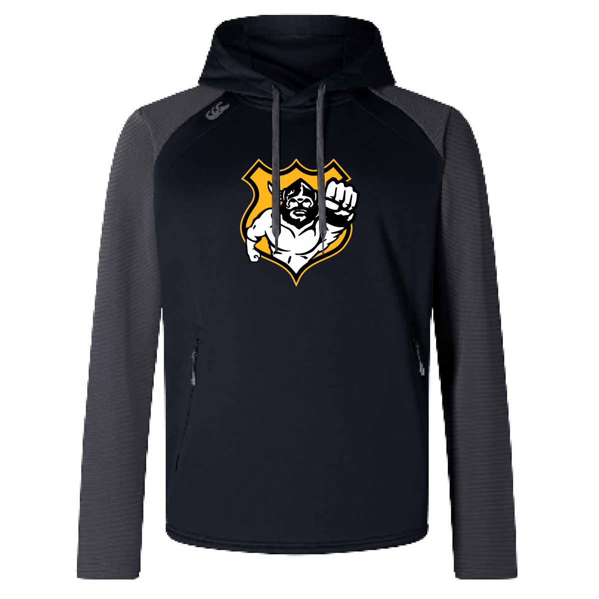 Introducing the Seattle Vikings Rugby Elite Training Hoody by Canterbury: a black hoodie with gray sleeves featuring a logo of a muscular figure raising a fist within a yellow and white shield. Crafted by WRS Canterbury, this hoody is designed for performance and comfort using lower impact materials, making it an eco-friendly choice.