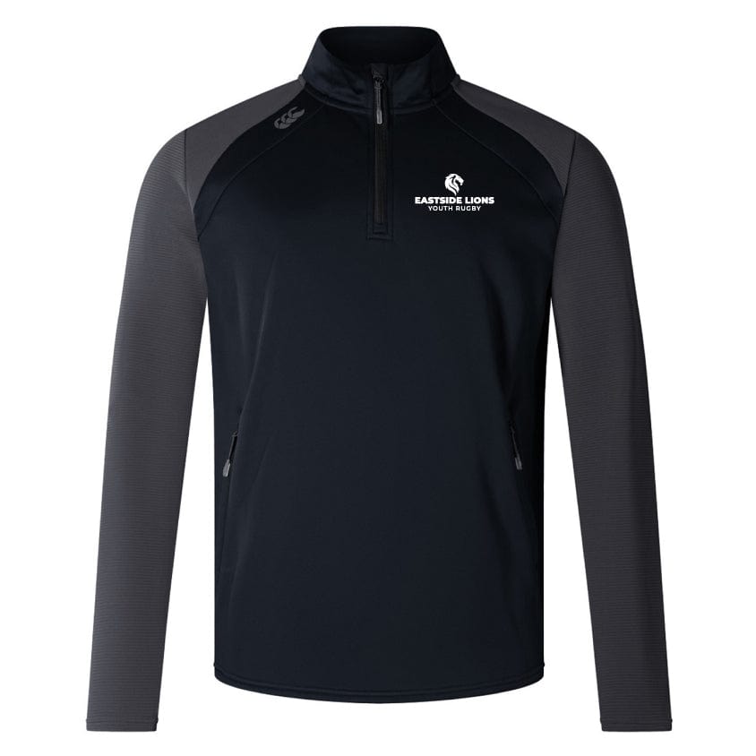 Introducing the Eastside Lions Women's Elite First Layer by Canterbury from EMB Canterbury. This stylish black and gray quarter-zip jacket displays the "Eastside Lions Youth Rugby" logo on the upper left chest. It's crafted with honeycomb fabric for superior comfort and incorporates VapoDri technology to enhance moisture-wicking, keeping you dry.