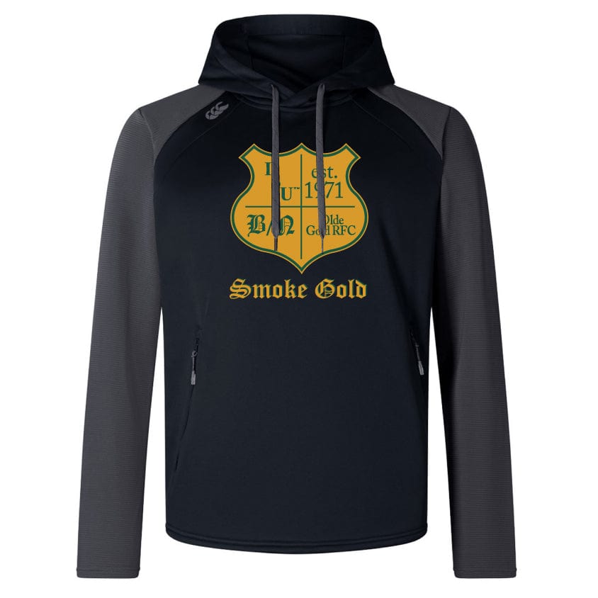 Presenting the Illinois State University Elite Training Hoody by Canterbury from WRS Canterbury: A stylish black hoodie adorned with a yellow and gold emblem on the chest, featuring the text "Bn, Smoke Gold," and "Est. 1871." This hoody provides unbeatable comfort through its premium fabrics, and its sleek finish is accentuated by darker shades on the shoulders and sleeves.