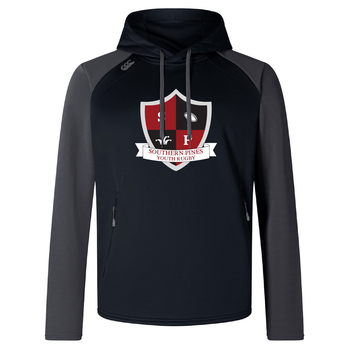 Enjoy performance and comfort with the Southern Pines Youth Rugby Elite Training Hoody by WRS Canterbury. This black and dark gray hoodie, featuring a crest on the front, is made from low-impact materials for eco-conscious athletes.