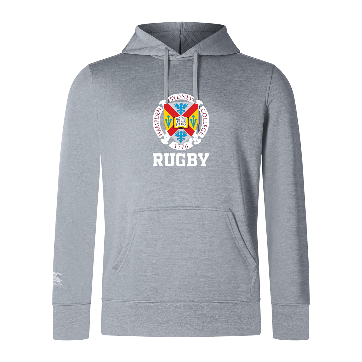 The Hampden Sydney College Club Lightweight Hoodie by Canterbury, from the brand WRS Canterbury, is a gray hoodie featuring a colorful Hampden-Sydney College crest with "RUGBY" in white text beneath it, complete with a kangaroo pocket.