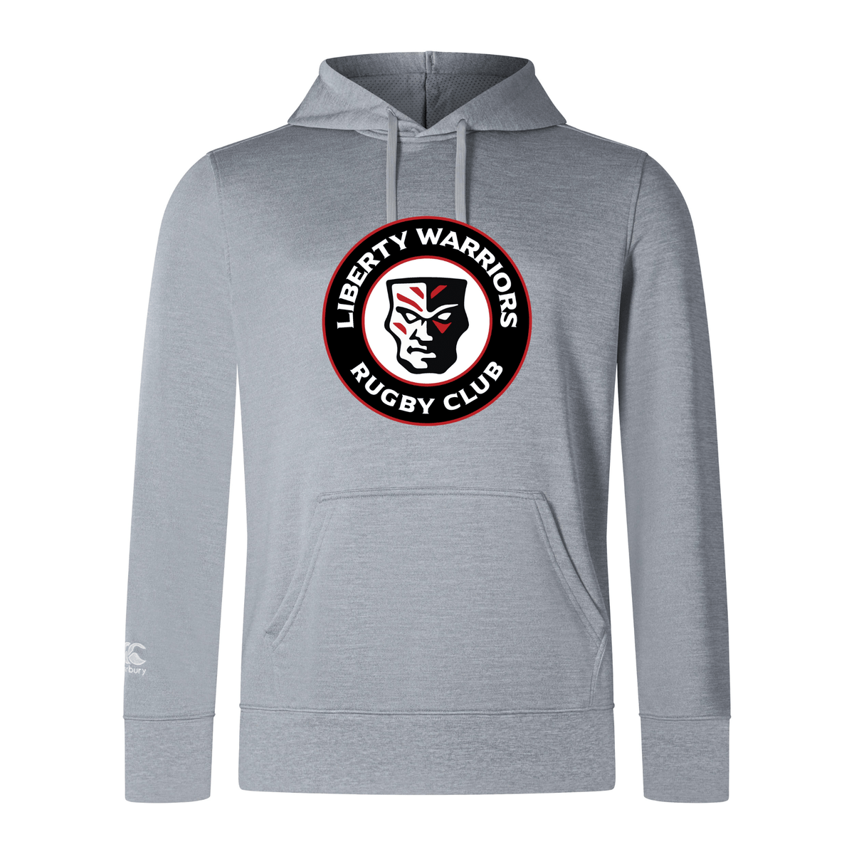 Lightweight gray hoodie by WRS Canterbury, showcasing the "Liberty Lake Warriors Club" logo with a stylized face at the center and featuring a practical kangaroo pocket.