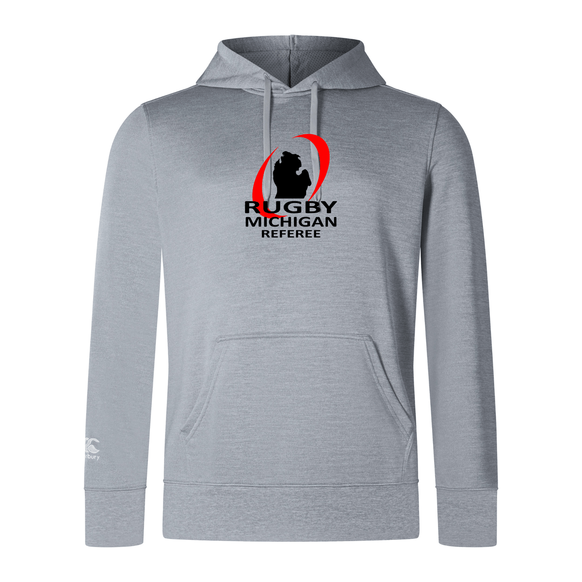 WRS Canterbury offers the Rugby Michigan Referee Society Club Lightweight Hoodie by Canterbury, which is gray, features a kangaroo pocket, and has a "Rugby Michigan Referee" logo in black and red on the chest.