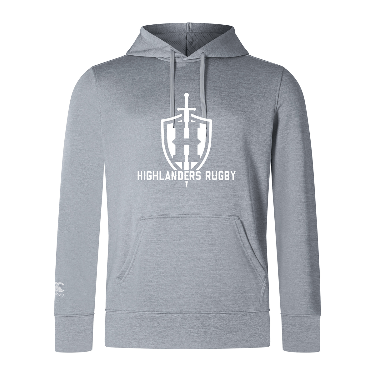 The Highlanders Rugby NC Club Lightweight Hoodie by WRS Canterbury in gray features a large central logo with a sword and shield, accompanied by the text "Highlanders Rugby" underneath. It includes long sleeves, a kangaroo pocket, and a drawstring hood adorned with the Canterbury logo.