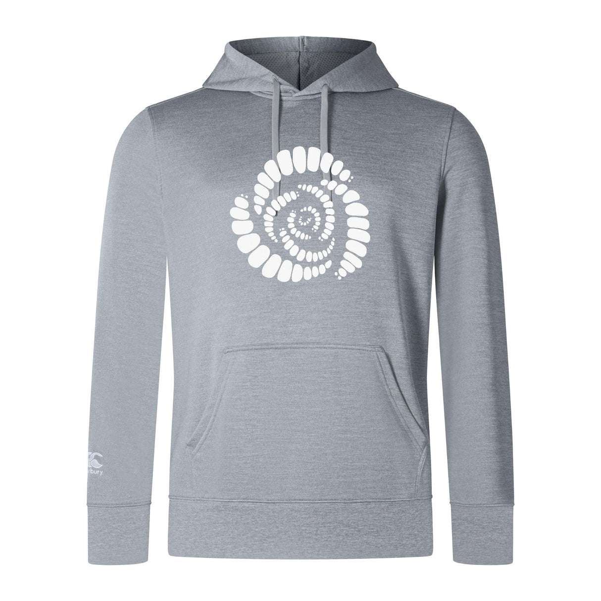The Missoula All-Maggots Club Lightweight Hoodie by WRS Canterbury features a light gray design with a white spiral shell graphic on the chest, a drawstring hood, and a front kangaroo pocket. This lightweight hoodie combines comfort and style for any casual occasion.