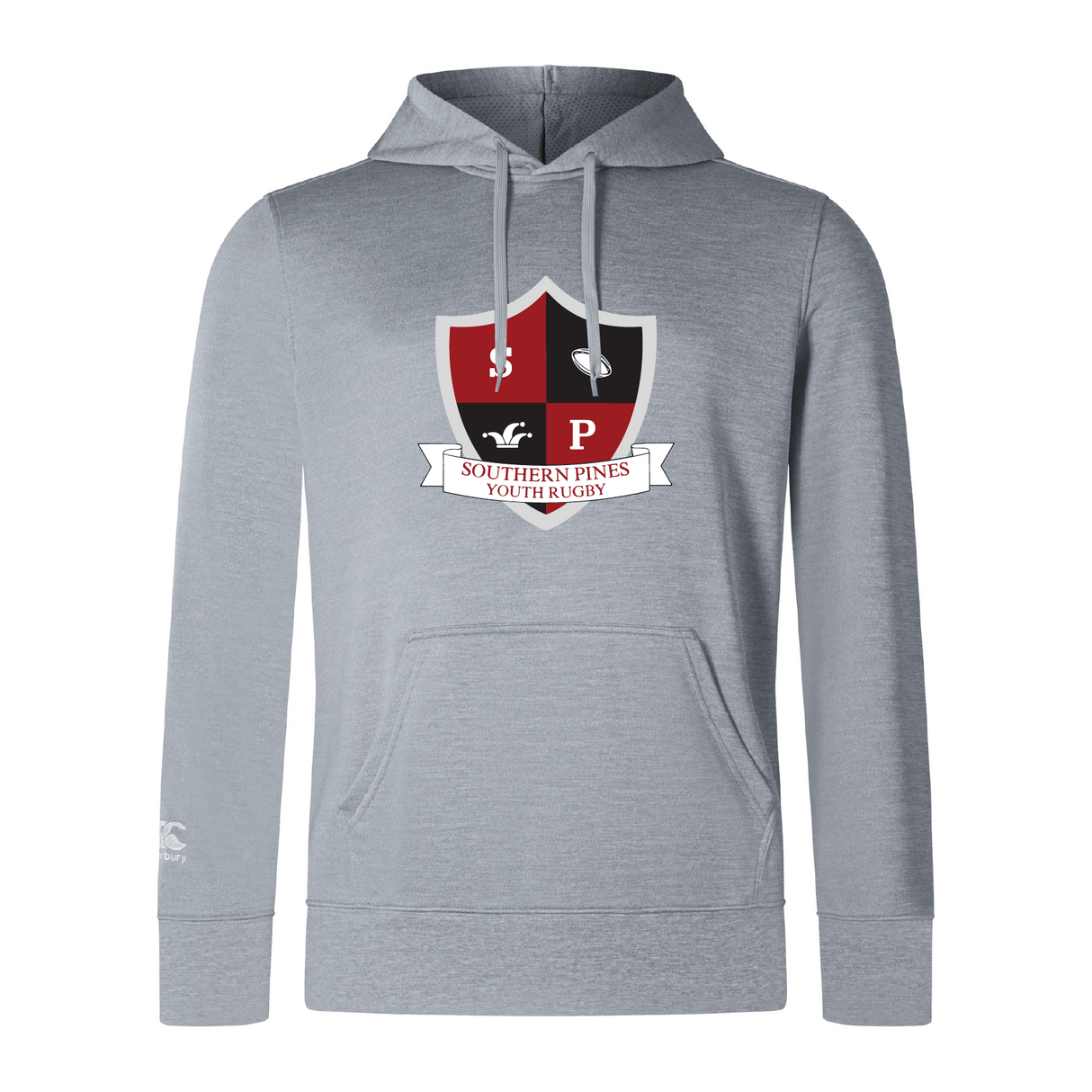 The WRS Canterbury Southern Pines Youth Rugby Club Lightweight Hoodie features a red and black shield logo with various symbols on a lightweight gray fabric, complete with a cozy polyester hood for comfort.