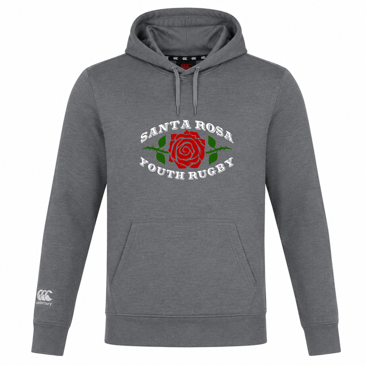 The Santa Rosa Youth Rugby Club Lightweight Hoodie by Canterbury, from WRS Canterbury, is a gray hoodie featuring a red rose graphic with green leaves and the text “Santa Rosa Youth Rugby” on the front. This custom-made hoodie offers a lightweight design and displays the Canterbury logo on the lower sleeve.