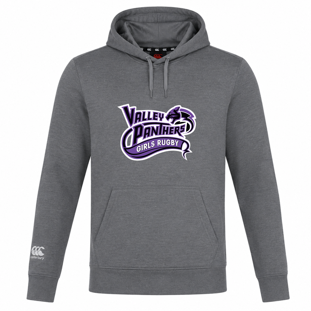 Introducing the Valley Panthers Girls Rugby Club Lightweight Hoodie by Canterbury—a gray, lightweight hoodie from WRS Canterbury. This stylish and comfortable hoodie features a custom “Valley Panthers Girls Rugby” logo in purple and white on the chest, along with the iconic Canterbury logo on the left sleeve. Perfect for both fans and players!.