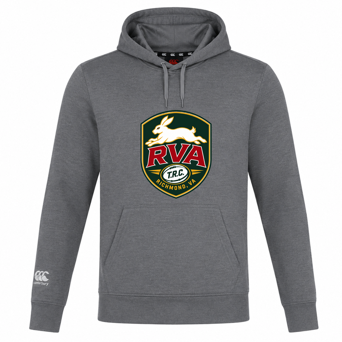 The RVA T.R.C. Club Lightweight Hoodie by Canterbury from WRS Canterbury features a gray, lightweight design with a prominent “RVA T.R.C. Richmond, VA” logo and white rabbit on the chest, along with a small Canterbury Club logo on the sleeve. Custom made for comfort and style, this sweatshirt is perfect for everyday wear.