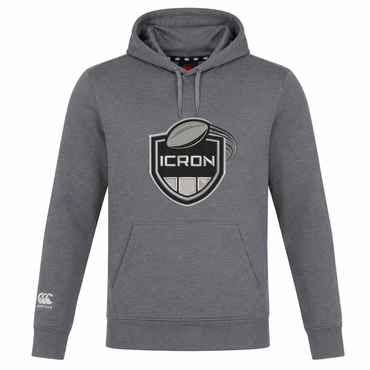 Gray lightweight ICRON Club Lightweight Hoodie by Canterbury with a kangaroo pocket, featuring a rugby-themed shield logo with the text “ICRON” on the chest.