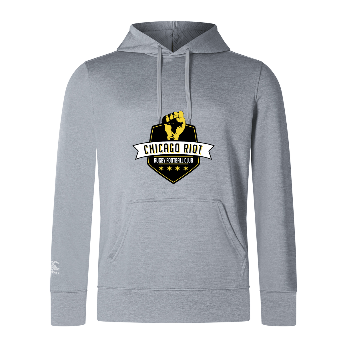 The Chicago Riot Club Lightweight Hoodie by WRS Canterbury features a custom light gray design with the team’s yellow fist and black shield logo on the front.