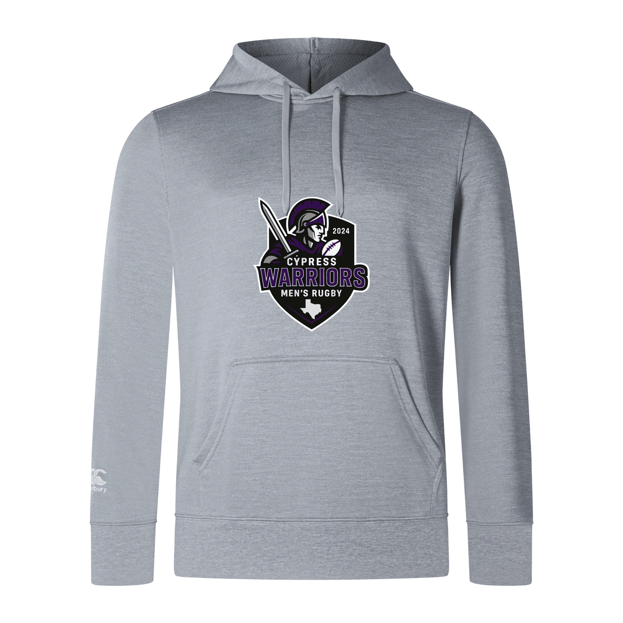 The Cypress Warriors Men's Rugby Club Lightweight Hoodie by WRS Canterbury features a light gray design with the 2024 warrior helmet logo on the chest and a small "C" on the left sleeve, custom made for Canterbury fans.