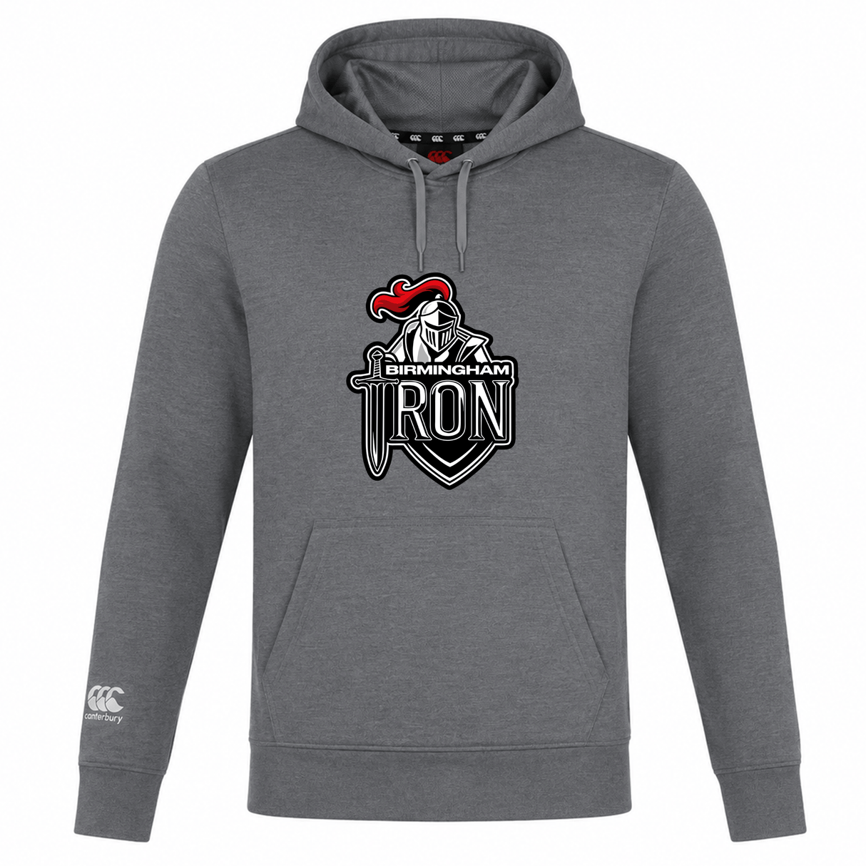The Birmingham Iron Women's Football Club Lightweight Hoodie by WRS Canterbury features a knight and sword chest graphic, Canterbury branding on the sleeve, and offers custom comfort and style.