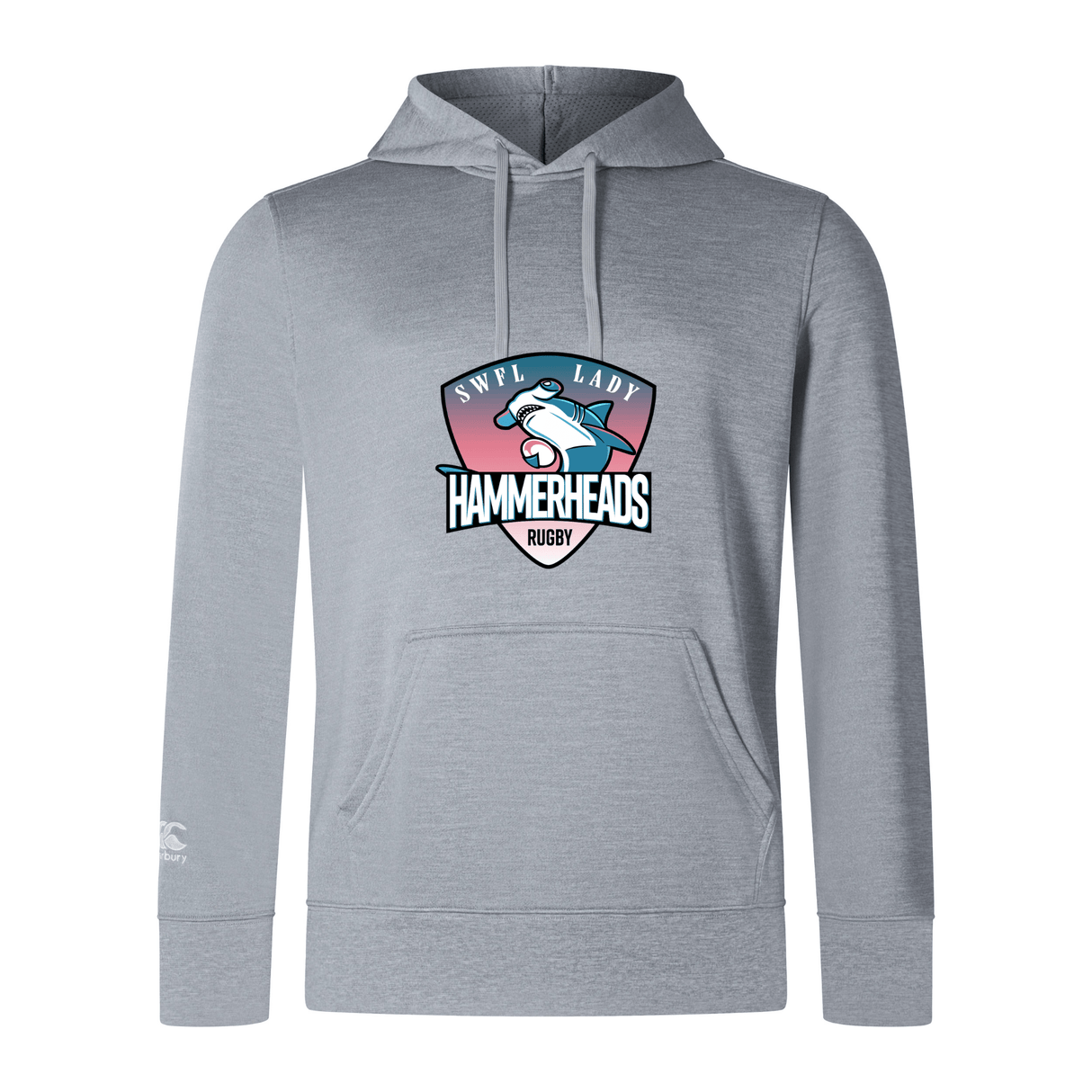 The SWFL Lady Hammerheads Club Lightweight Hoodie by WRS Canterbury features a custom logo and stylized hammerhead shark on light gray fabric—perfect for Canterbury fans.