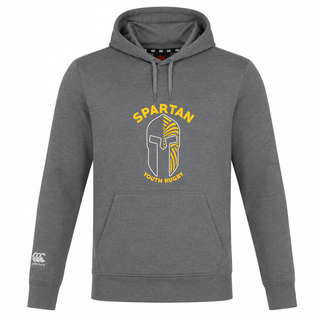 The Spartan Youth Rugby Club Lightweight Hoodie by WRS Canterbury features a yellow and white Spartan helmet graphic, "SPARTAN YOUTH RUGBY" on the front, and a Canterbury logo on the left sleeve. Ideal for active youth wear.