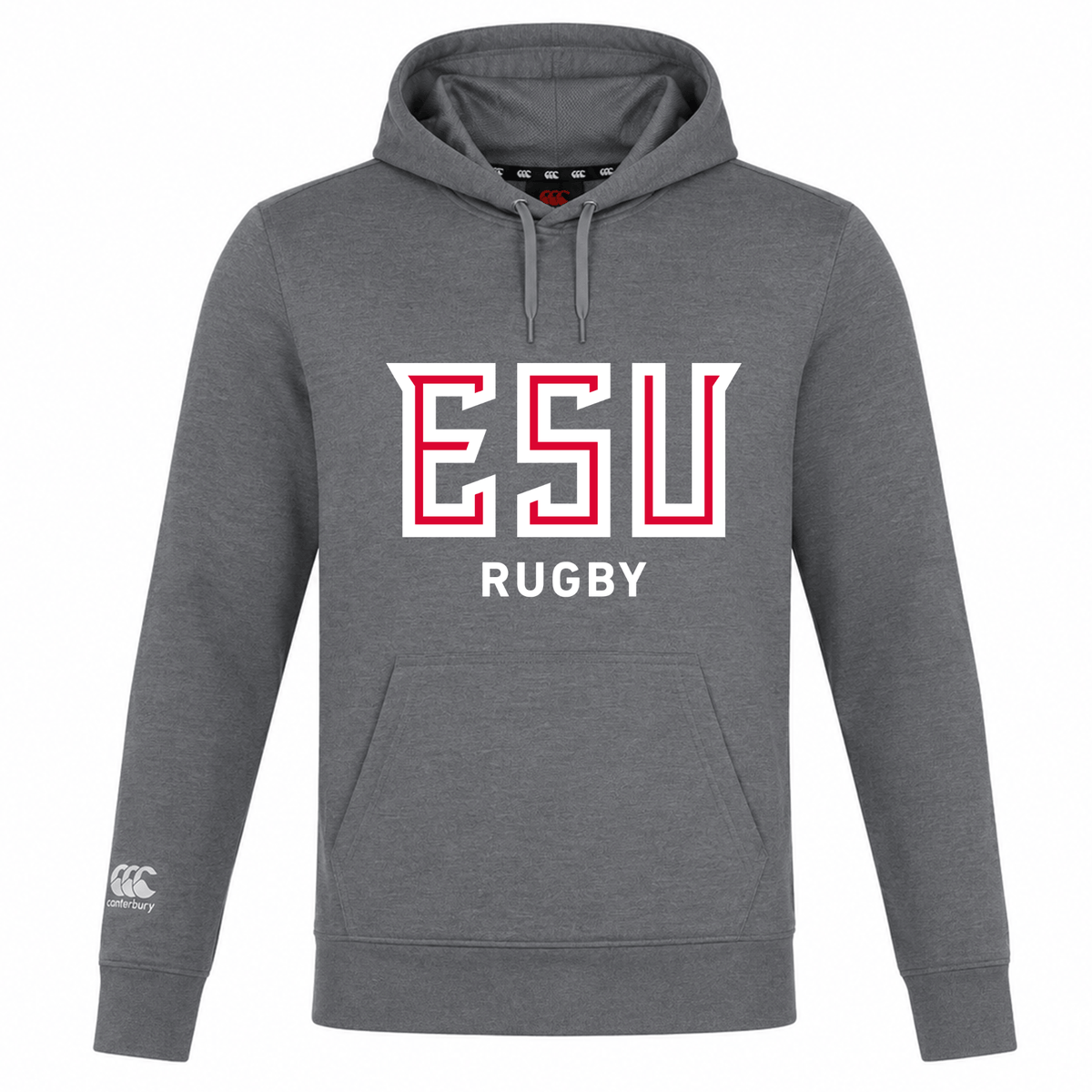 The WRS Canterbury East Stroudsburg University Club Lightweight Hoodie features "ESU RUGBY" in bold white/red on the front and a Canterbury Club white logo on the left sleeve.