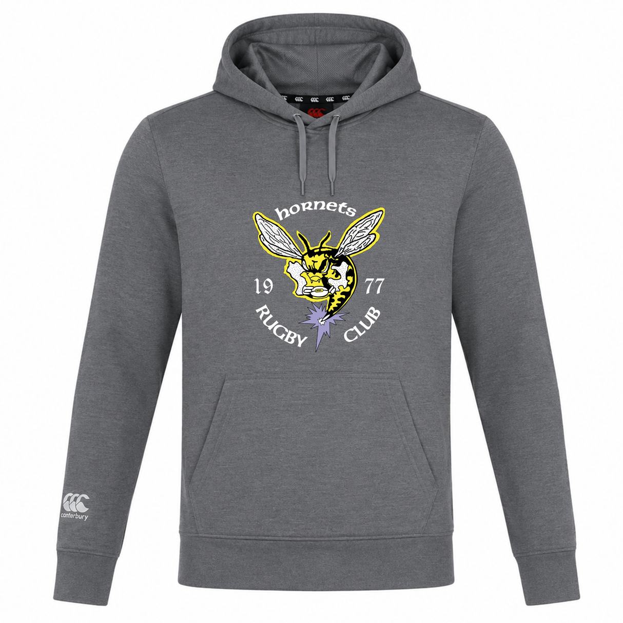 The Hornets Rugby Club 1977 Club Lightweight Hoodie by Canterbury, from WRS Canterbury, is a gray lightweight hoodie custom made for Canterbury Club. It features a large hornet logo and the text "hornets RUGBY CLUB 1977" on the chest, along with a Canterbury logo on the left sleeve.
