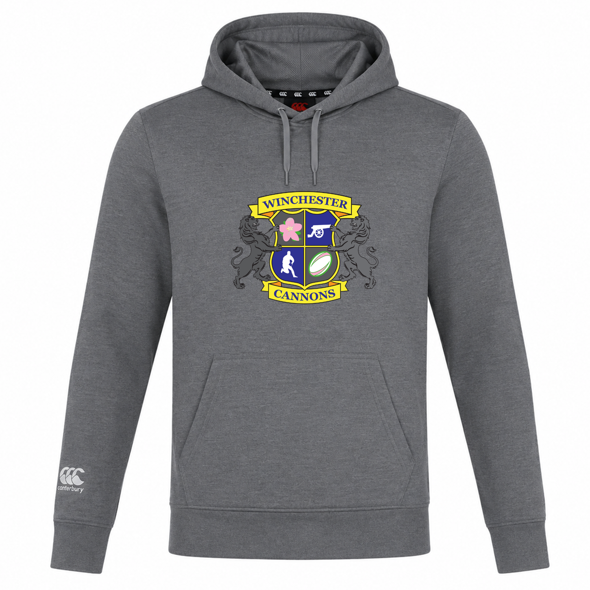 The Winchester Cannons Club Lightweight Hoodie by Canterbury features a colorful "Winchester Cannons" crest on the front and a white WRS Canterbury logo on the left sleeve. Lightweight and grey, it combines style with comfort.
