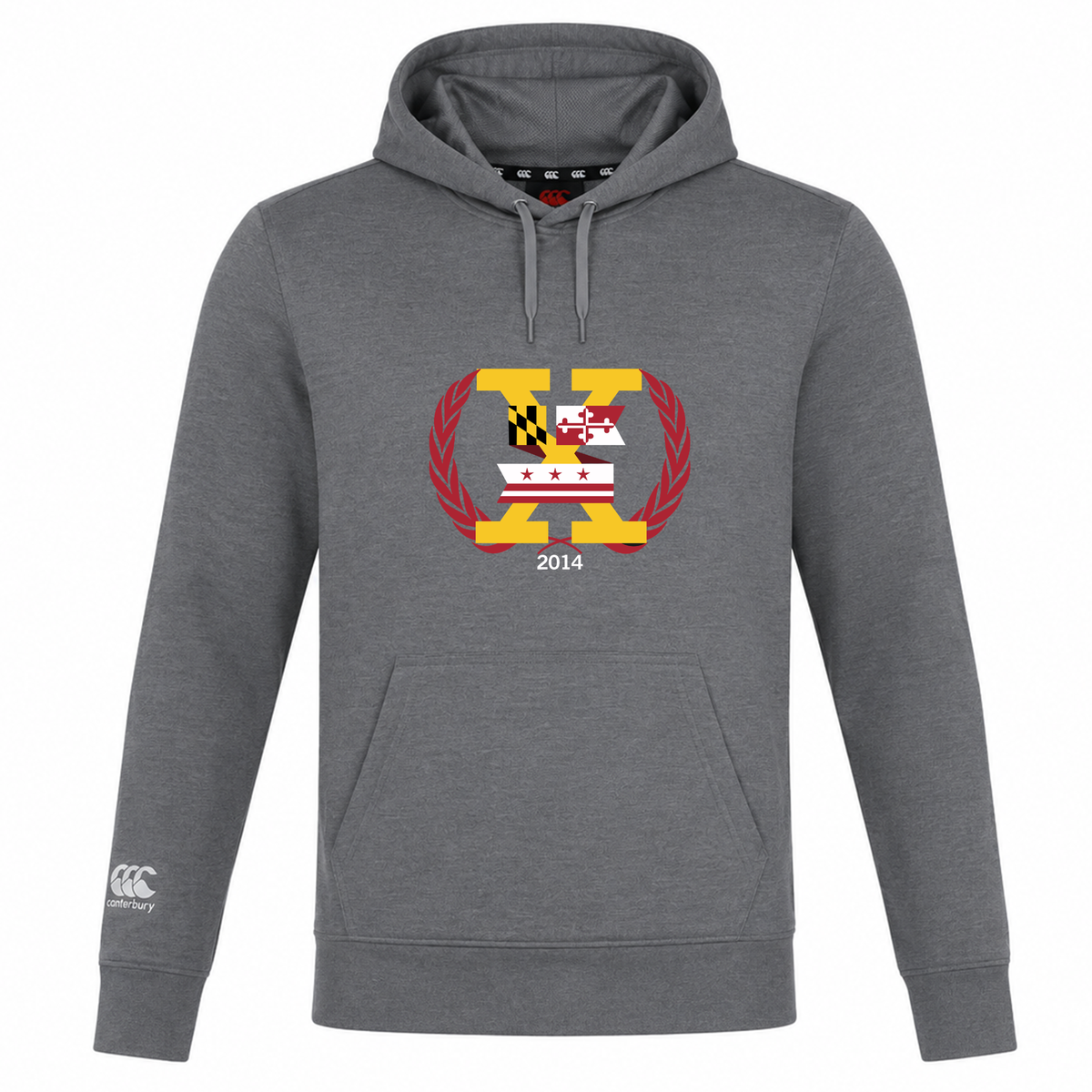 The Potomac Exiles Rugby Club Lightweight Hoodie by Canterbury, from WRS Canterbury, is a gray hooded sweatshirt featuring a vibrant emblem with state flags, a laurel wreath motif, and "2014" on the front. Inspired by classic Canterbury Club style, this lightweight hoodie delivers comfort and versatility for any casual occasion.