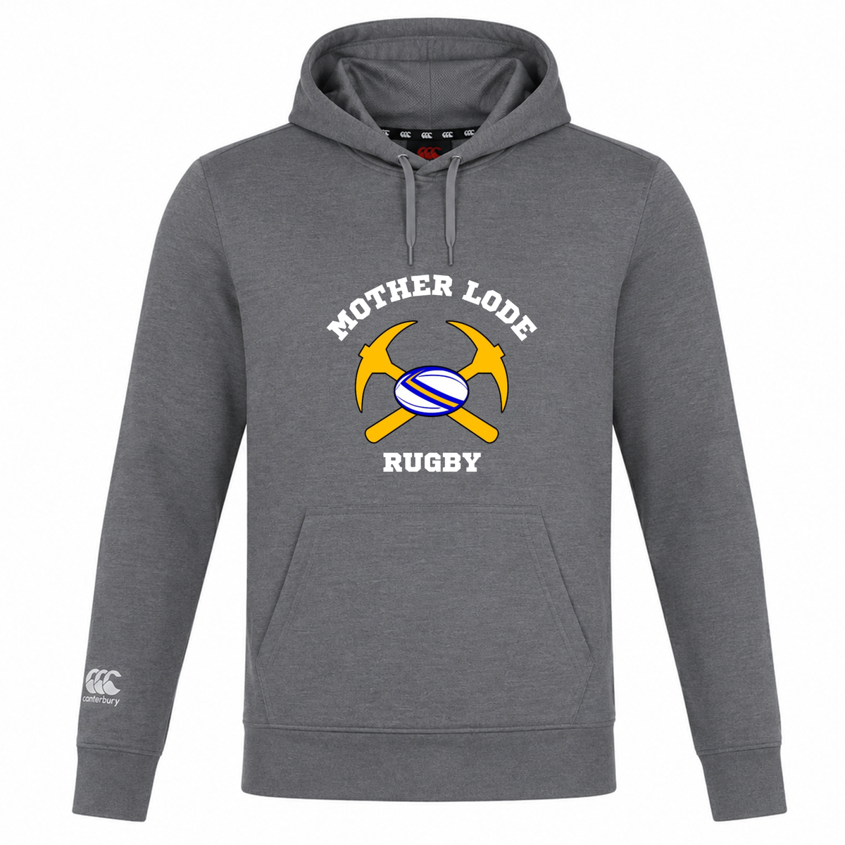 Lightweight grey Mother Lode Club Lightweight Hoodie by Canterbury featuring a front kangaroo pocket and a chest graphic of two crossed pickaxes behind a rugby ball with the text “MOTHER LODE RUGBY”.