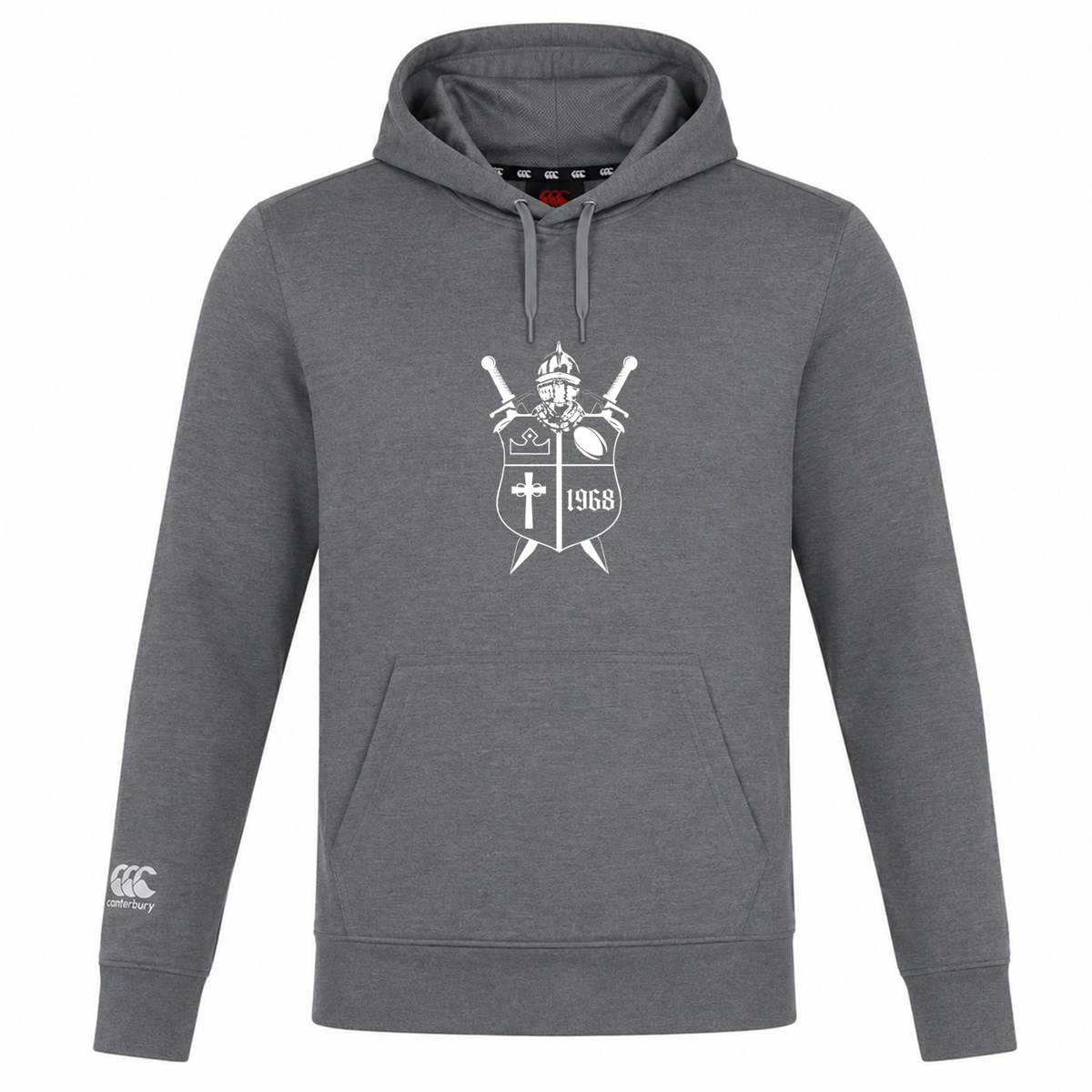 Lightweight gray Cal Lutheran University Club Lightweight Hoodie by Canterbury featuring a white printed crest with a helmet, crossed swords, a cross, and the year 1968 on the chest.
