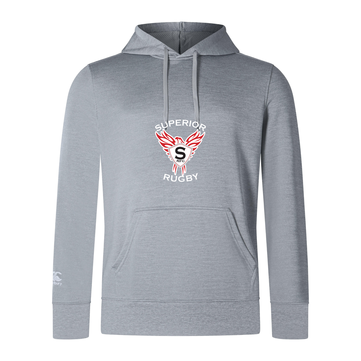 The WRS Canterbury Superior Rugby Club Lightweight Hoodie has "Superior Rugby" and a winged "S" logo in white and red on light gray, plus a drawstring hood and roomy kangaroo pocket for comfort.
