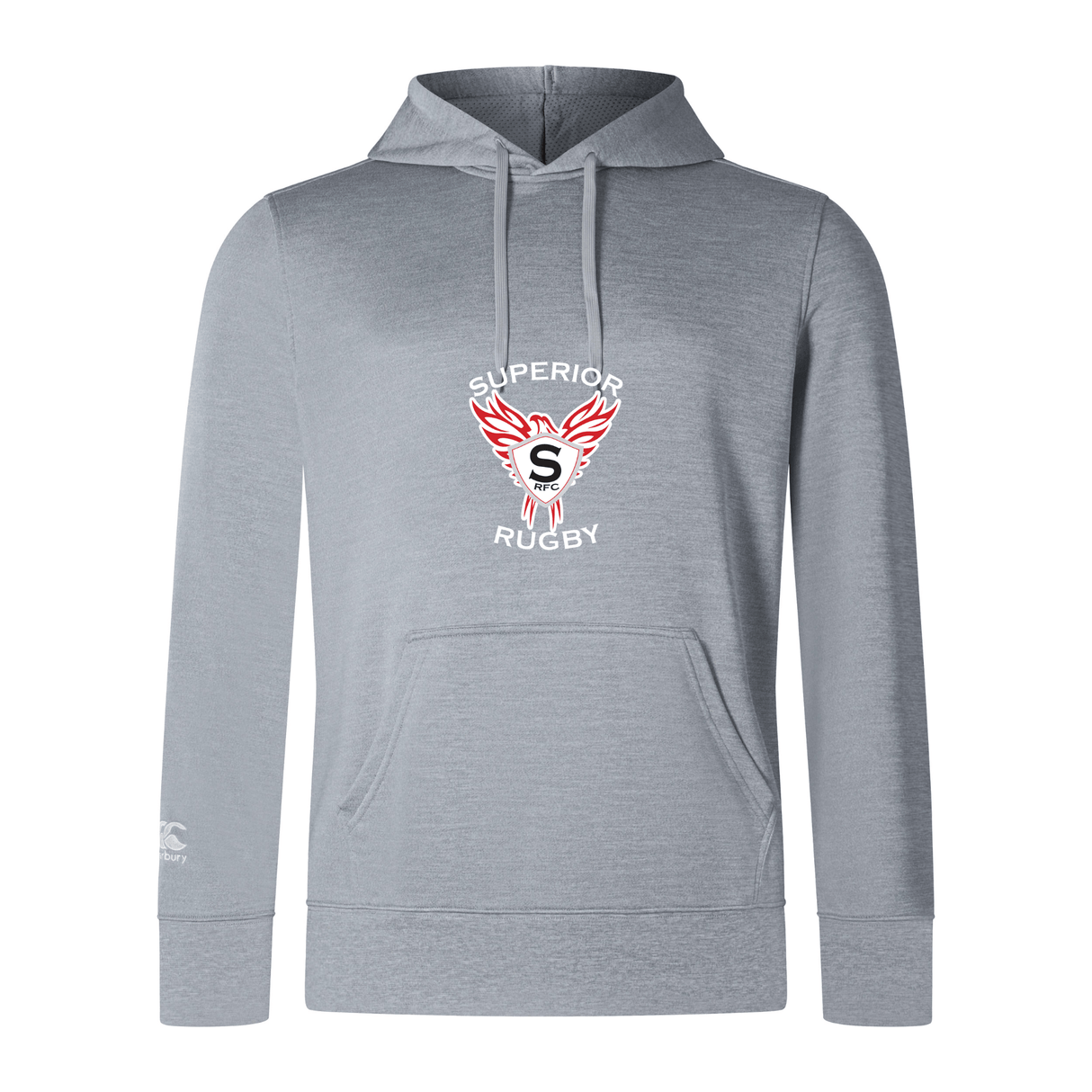 The WRS Canterbury Superior Rugby Club Lightweight Hoodie has "Superior Rugby" and a winged "S" logo in white and red on light gray, plus a drawstring hood and roomy kangaroo pocket for comfort.