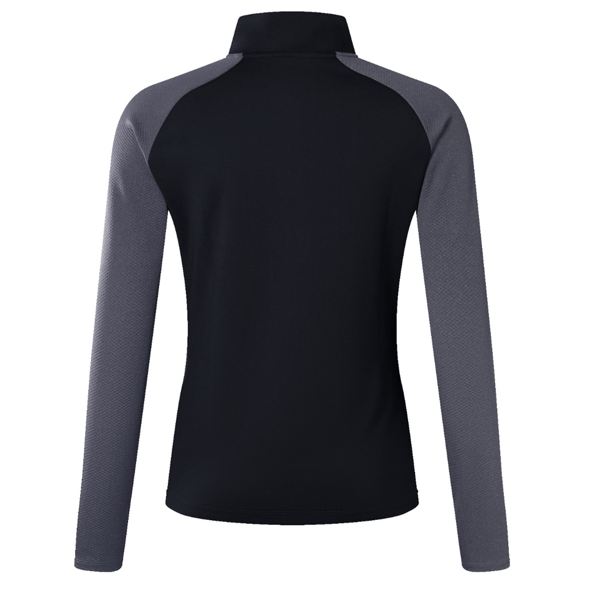 Back view of the Women's Canterbury Elite First Layer long-sleeve shirt, showcasing a black body with gray sleeves, made from innovative honeycomb fabric by Canterbury for enhanced breathability.