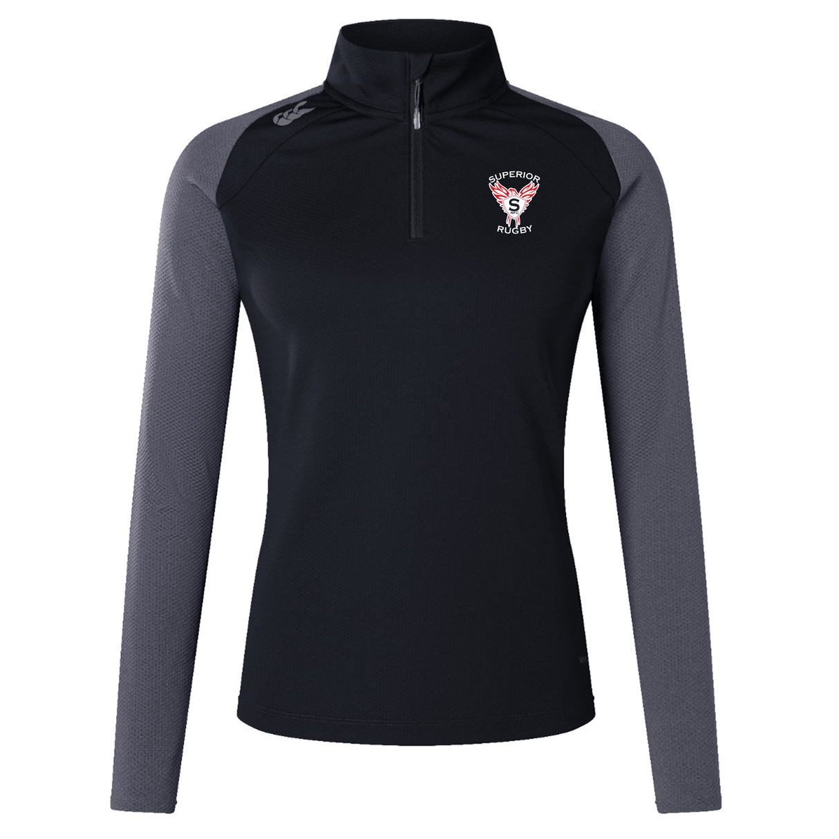 The Superior Rugby Club Women's Elite First Layer by EMB Canterbury is a black and gray long-sleeve quarter-zip pullover with VapoDri tech, featuring the "Superior Rugby" logo on the left chest and a small logo on the right shoulder.