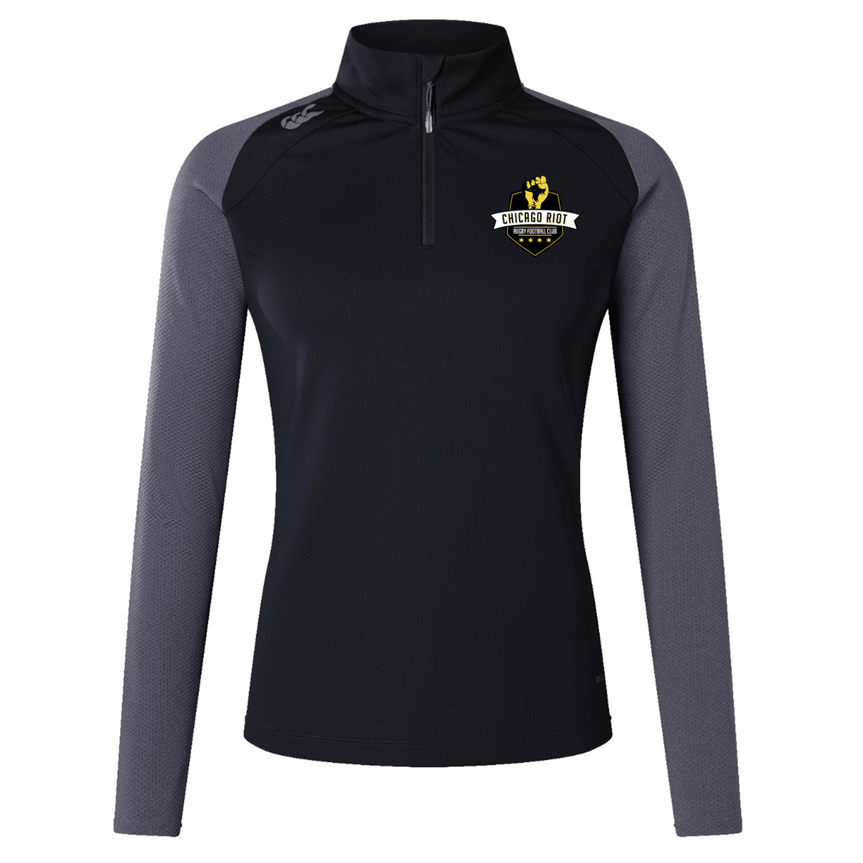 The Chicago Riot Women's Elite First Layer by EMB Canterbury is a black and gray long-sleeve quarter-zip pullover with a left-chest logo and VapoDri technology for advanced moisture wicking.