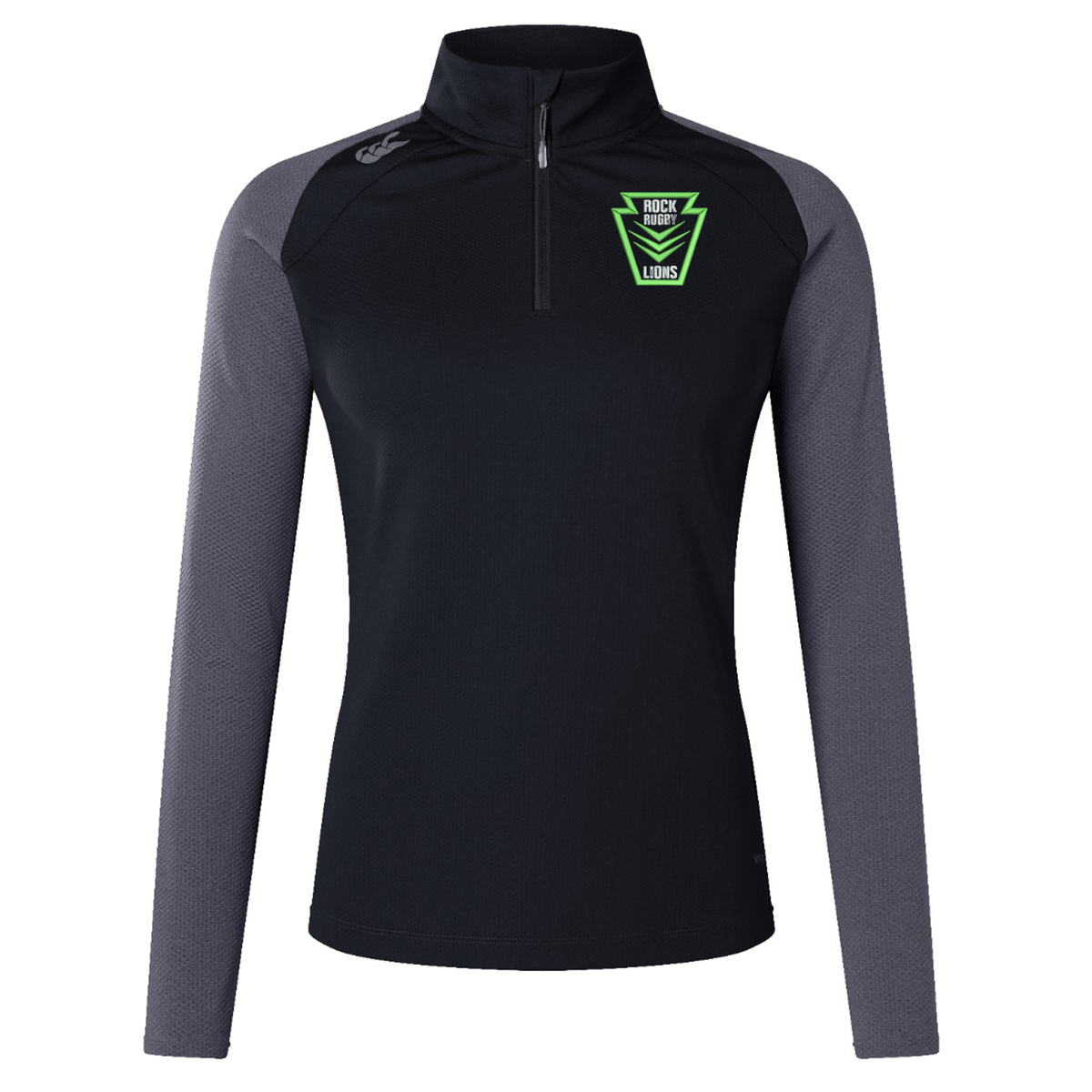 Black and grey EMB Canterbury Rock Rugby Women’s Elite First Layer long-sleeve quarter-zip athletic shirt featuring a Rock Rugby Lions logo on the chest.