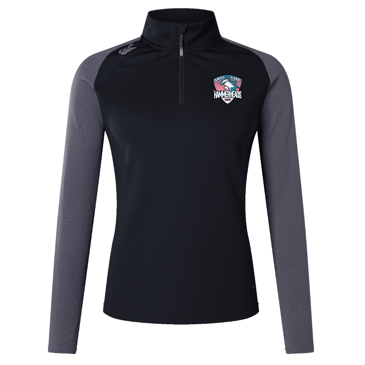 The SWFL Lady Hammerheads Women's Elite First Layer by WRS Canterbury is a black and gray long-sleeve quarter-zip top with moisture-wicking technology, a "Hammerheads" chest logo, and a small right shoulder logo.