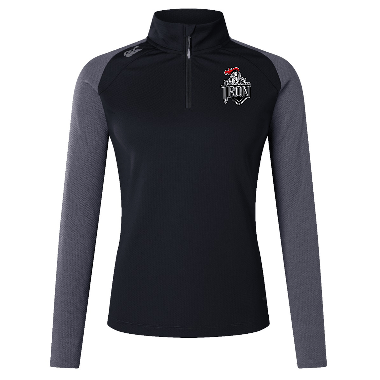 The EMB Canterbury Birmingham Iron Women's Elite First Layer is a black and grey long-sleeve pullover with a quarter-zip, "IRON" logo with red rooster on the left chest, featuring VapoDri moisture-wicking technology for comfort.