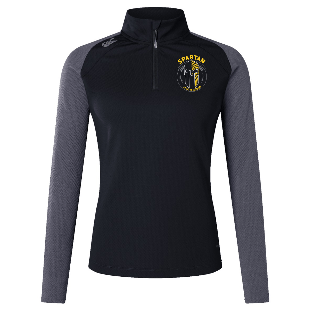 The EMB Canterbury Spartan Youth Rugby Women's Elite First Layer is a black and gray long-sleeve pullover for women with a quarter zip, VapoDri moisture-wicking tech, and a yellow Spartan logo on the left chest.