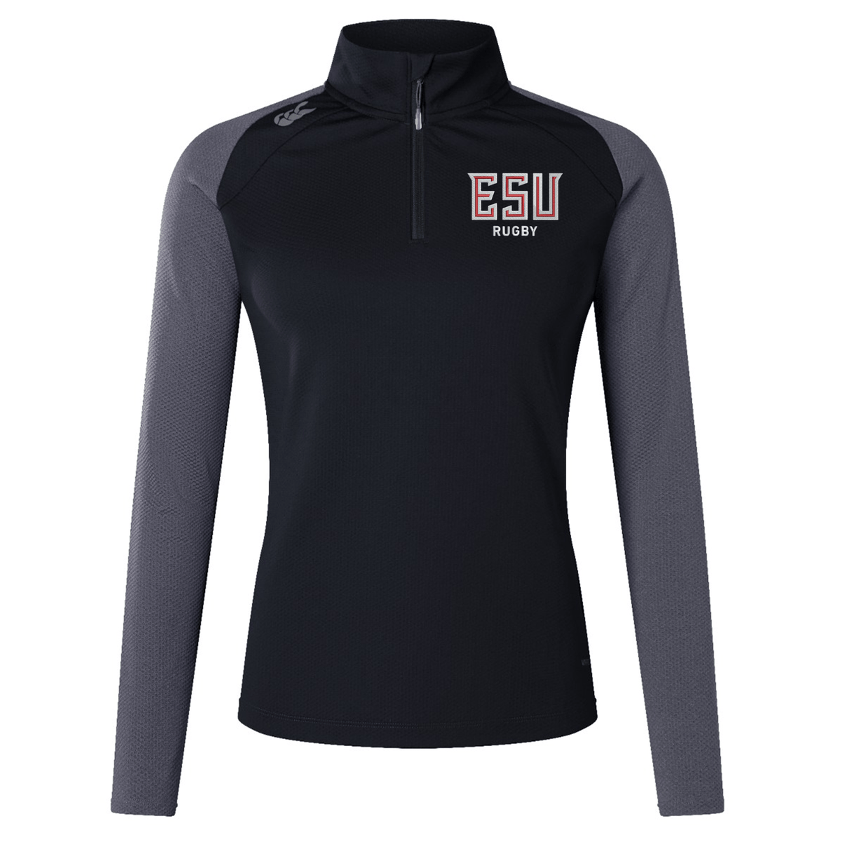 The EMB Canterbury East Stroudsburg University Women's Elite First Layer is a black and gray long-sleeve quarter-zip top with "ESU Rugby" on the chest, a white shoulder logo, and moisture-wicking VapoDri technology for comfort.