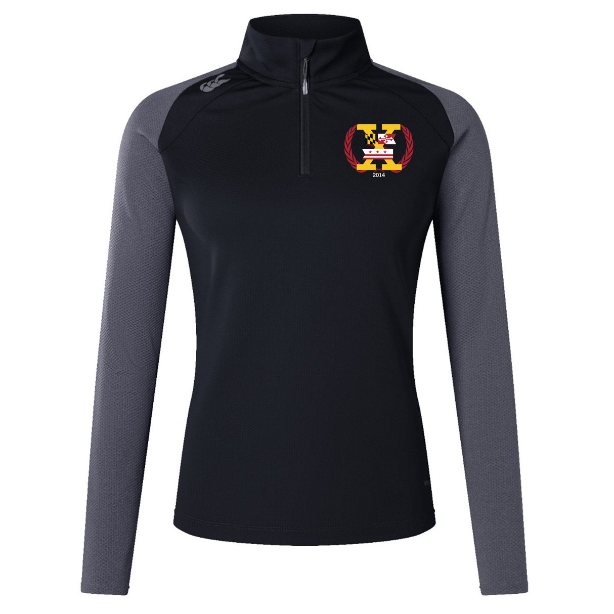 Potomac Exiles Rugby Club Women's Elite First Layer by Canterbury: This long-sleeve black and gray athletic pullover from EMB Canterbury features a quarter-zip collar and an embroidered crest with a stylized "H" and the year 2014 on the left chest. Designed as a performance training base layer, it incorporates VapoDri technology to keep you cool and comfortable throughout every workout.