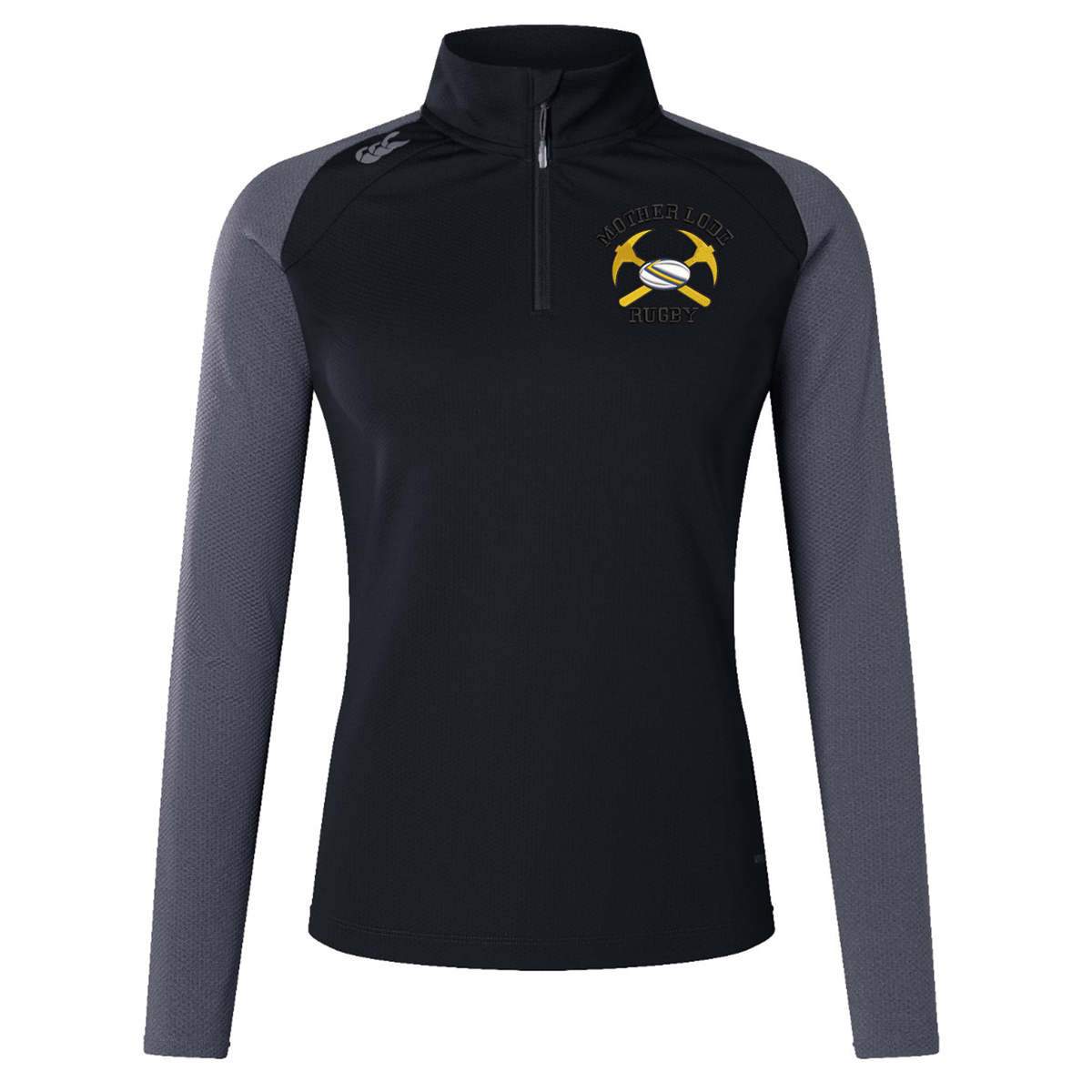 Black and grey Mother Lode Women’s Elite First Layer by Canterbury training top with a quarter-zip, long sleeves, and a Mother Lode Rugby logo on the chest.