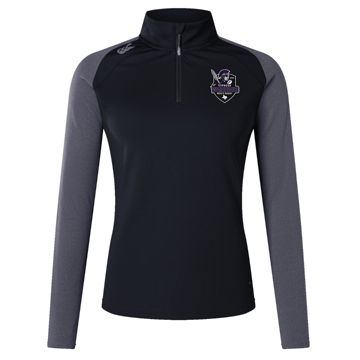The Cypress Warriors Men's Rugby Women's Elite First Layer by EMB Canterbury is a black and gray long-sleeve pullover with vapoDri tech, a quarter zip, logo on the left chest, and small emblem on the right shoulder.