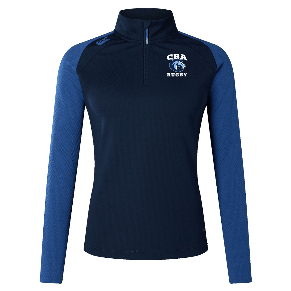 Navy and blue long-sleeve shirt with the "CRA Rugby" logo, branded by EMB Canterbury, crafted from recycled polyester with VapoDri technology. This stylish quarter-zip is known as the Christian Brothers Academy Rugby Women's Elite First Layer by Canterbury.
