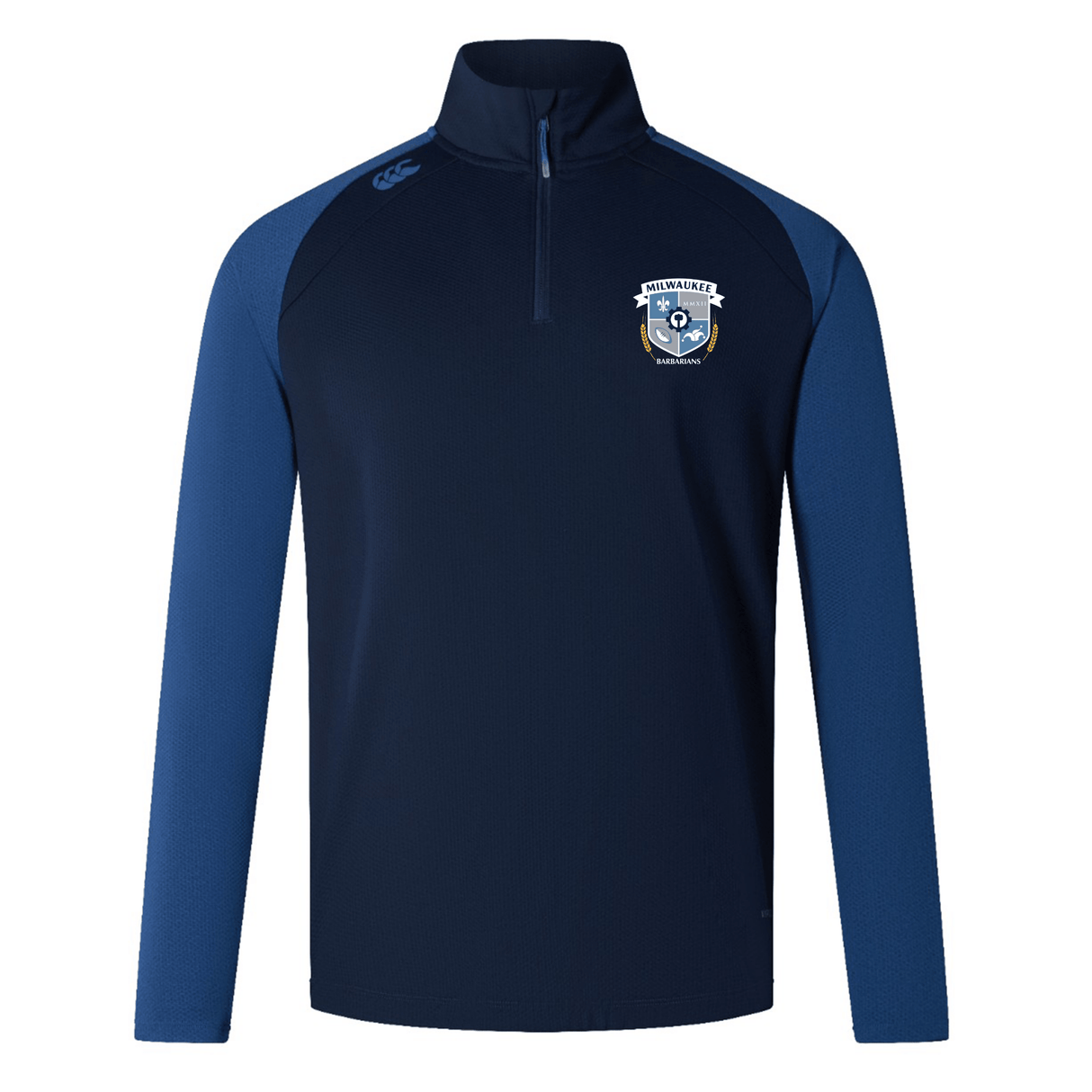 The Milwaukee Barbarians Rugby Women's Elite First Layer by Canterbury is a navy and dark blue long-sleeve quarter-zip sports top with a club crest on the left chest, EMB Canterbury logo on the right shoulder, and moisture-wicking VapoDri technology.