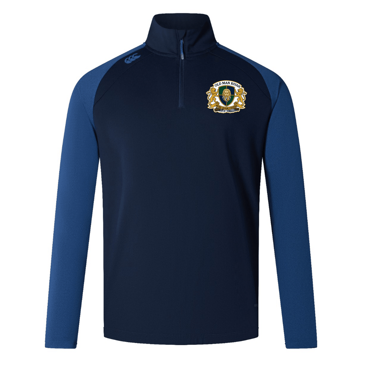 The Old Man Rivah Rugby Women's Elite First Layer by EMB Canterbury is a navy and blue quarter-zip long sleeve sports top with VapoDri technology, an embroidered Old Man Rivah logo on the left chest, and a brand logo on the right shoulder.