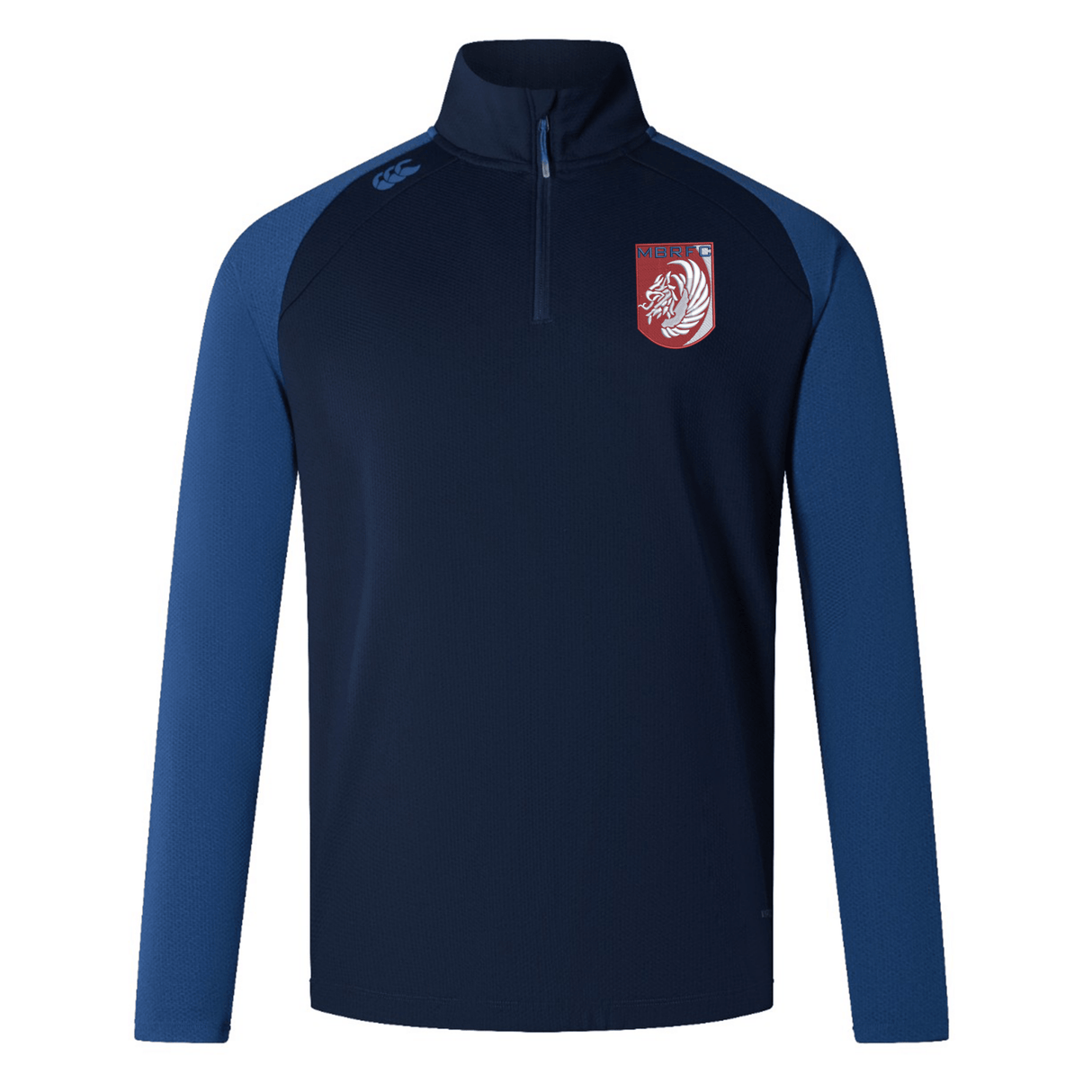 The Montgomery Bucks Griffins Women's Elite First Layer by EMB Canterbury is a navy and blue long-sleeve quarter-zip jacket with a stand collar, lion's head crest, and VapoDri tech for moisture wicking.